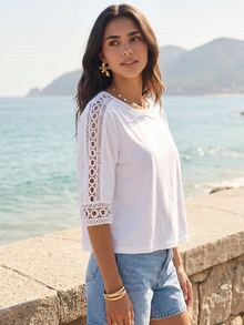 CAJUNI Women's Solid Color Round Neck Short Sleeve Contrast Lace Casual T-Shirt - White - View 8