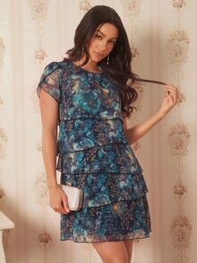 Amorya 深青色紋理圓領短袖洋裝 嘉年華服裝 女款 2026夏季服飾 優雅浪漫休閒派對雞尾酒會穿搭 - 彩色 - 查看 5