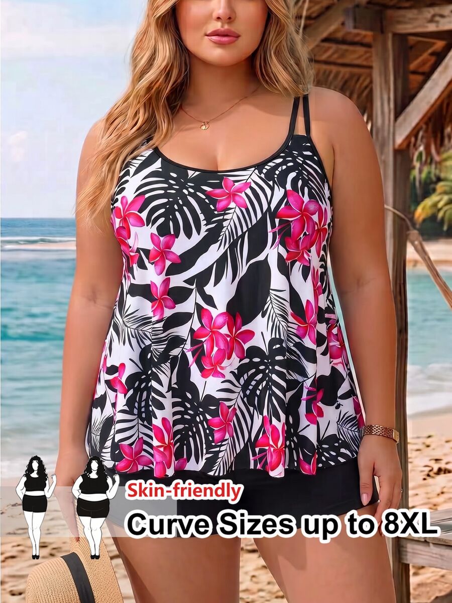 SHEIN CURVE+ Women's Summer Beach Floral Print Tankini & Tankini Bottom Two-Piece Swimsuit Set - Multicolor - View 1