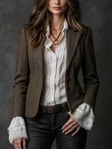 LUMIGAL Herringbone Pattern Notch Lapel Single-Breasted Cinched Waist Vintage British Style Autumn/Winter Women's Blazer - Coffee Brown - View 5