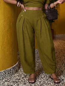 Zivah 2026 Spring/Summer Women's Plus Size New Bold, Classy Feminine Style Tummy Control Fit Breathable Lightweight Elegant Romantic Classic Brown Button Cuffed Pants - Green - View 3