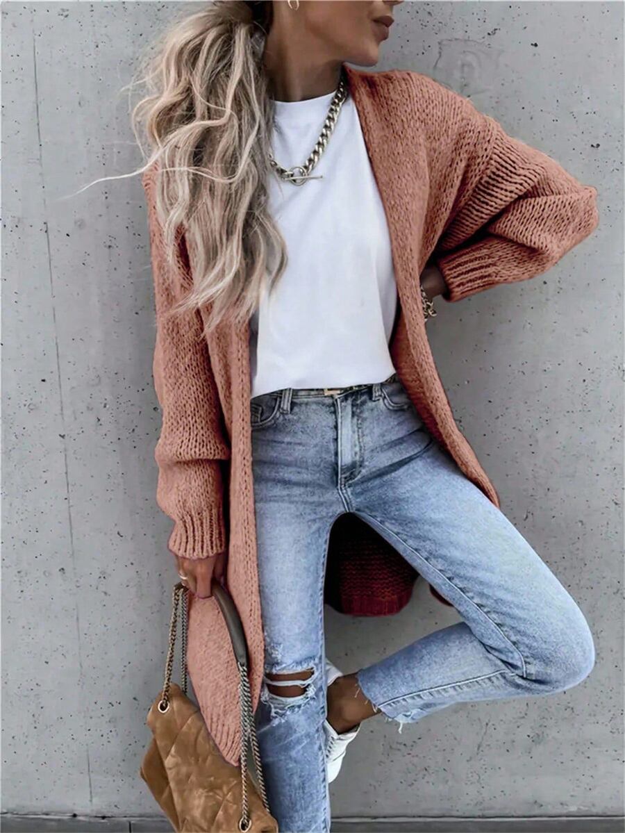 SHEIN Holidaya Women's Solid Color Drop Shoulder Long Sleeve Casual Knit Cardigan - Coral Orange - View 1