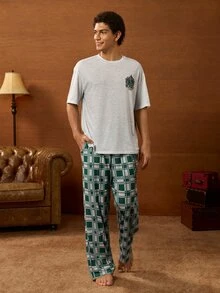 HARRY POTTER X SHEIN Men's Round Neck Short Sleeve T-Shirt And Plaid Long Pants Loungewear Set - Grey - View 1