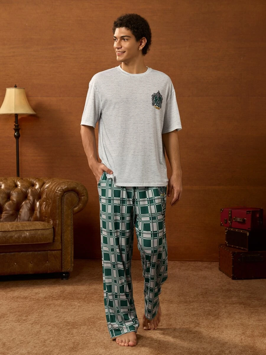HARRY POTTER X SHEIN Men's Round Neck Short Sleeve T-Shirt And Plaid Long Pants Loungewear Set - Grey - View 1