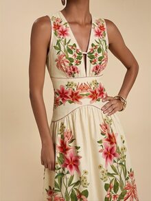 Travachic Printed V-Neck Women's Long Dress - Apricot - View 2