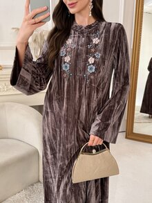 Al Najma Women's Floral Embroidered Button Half-Placket Long Sleeve Elegant Arabian Dress - Khaki - View 1