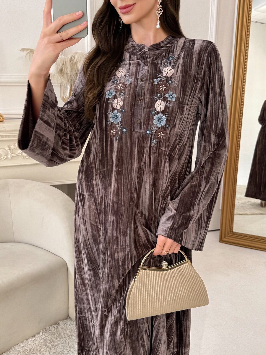 Al Najma Women's Floral Embroidered Button Half-Placket Long Sleeve Elegant Arabian Dress - Khaki - View 1