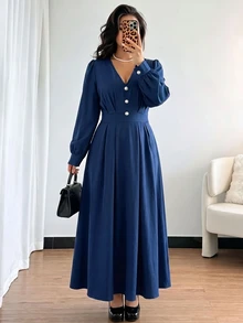 EMERY ROSE Women's Plus Size Autumn/Winter French Style Solid Color V-Neck Waist-Cinching Long Sleeve A-Line Dress, Suitable For Outings, Daily Wear, Elegant Commuting - Navy Blue - View 4