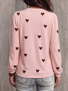 Glimmora Fashion Casual Retro Basic Round Neck Puff Long Sleeve Pink Base Coffee Heart Print T-Shirt - Multicolor - View 2