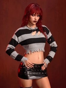 ROMWE Avant 女款萬聖節條紋不對稱破舊細節短版毛衣 - 灰色 - 查看 6