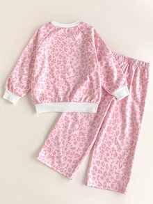 Maija Kids Maija Kids 女童小女孩圓領蝴蝶結圖案拼色長袖運動衫與運動長褲休閒日常套裝 粉色豹紋印花 - 粉色 - 查看 2
