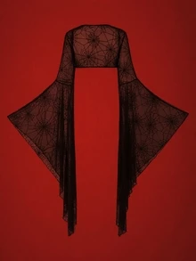 Glisette Romantic Lace Floral Ultra-Short Lace Oversized Bell Sleeve Women's Top - Black - View 4