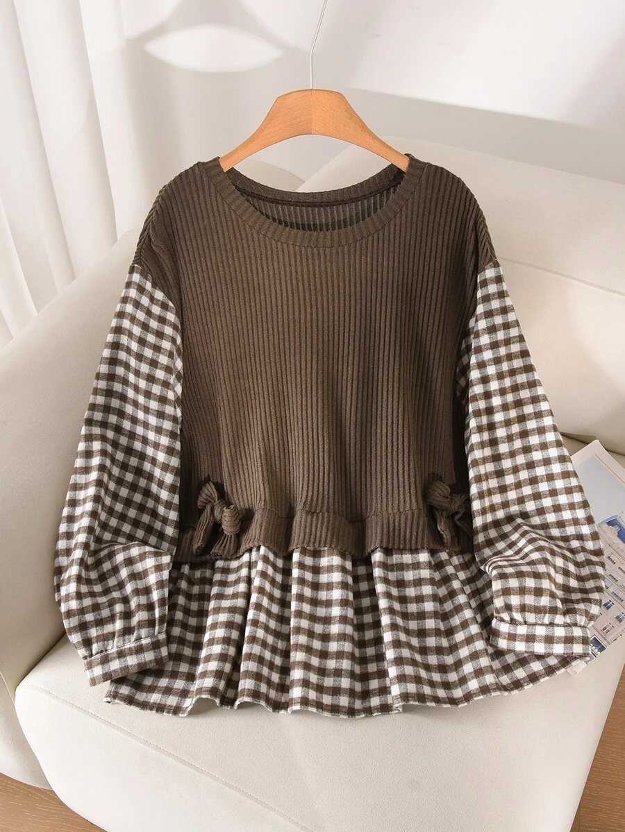 CosyJoli Plus Size Women's Casual Plaid Patchwork 2 In 1 T-Shirt - Camel - View 1