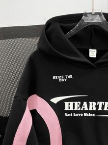 SHEIN 青少年女孩拼色字母印花寬鬆休閒連帽衛衣 秋冬款 - 彩色 - 查看 3