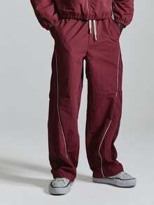 Musero Straight Leg Track Pants Elasticated Waist Binding Detail Co Ord Joggers Only Autum Winter Essentials - Burgundy - View 2
