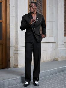 HIMLAND Men's Elegant Button Long Sleeve Jacket And Trousers Suit Set - Black - View 8