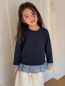 DAZY Young Girl Fall Clothes Young Girl Round Neck Knitted Contrast Color Striped Short Sleeve T-Shirt - Navy Blue - View 7
