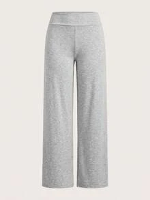 SHEIN EZwear 2件組女款休閒極簡高腰摺疊寬腿直筒長褲，適合夏季，黑色與灰色 - 彩色 - 查看 5