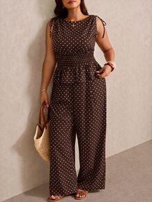 Elaquor Plus Size Women Polka Dot Pattern Ruffle Hem Sleeveless Blouse And Wide Leg Pants 2 Pieces Set - Brown - View 4