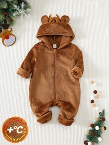 SHEIN 男嬰秋冬加厚抓絨內裡鹿圖案毛絨連帽連身衣 - 棕色 - 查看 1