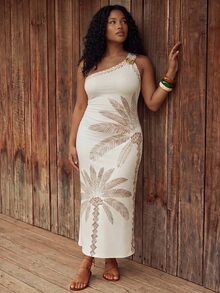 CAJUNI Plus Size Vacation Coconut Tree Print One Shoulder Dress - Multicolor - View 6
