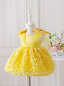 SHEIN Glamorique Kids 女嬰軟黃色薄紗洋裝，附3D花朵刺繡與可拆式蝴蝶結，適合1歲生日派對、花童、婚禮，夏季可愛款 - 黃色 - 查看 4