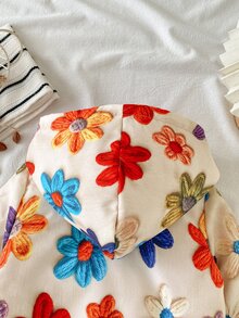 SHEIN 1件幼兒女童可愛3D花朵貼布長袖連帽厚實抓絨內裡拉鍊夾克外套 戶外聖誕冬季秋季 - 彩色 - 查看 5