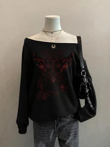 Attitoon 黑色休閒極簡復古龐克Y2K女款露肩寬鬆長袖翅膀十字紅花印花衛衣，適合秋冬舒適穿著 - 黑色 - 查看 2