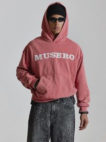 Oversized Washed Base Hoodie Front "MUSERO" Graphic Kangaroo Pocket Autum Winter Essentials - Pink - View 2