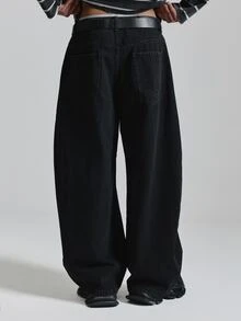 Musero Celana Jeans Denim Hitam Model Barrel Leg dengan Lipatan Pinggang dan Resleting, Pakaian Esensial Musim Gugur dan Musim Dingin - Hitam - View 4