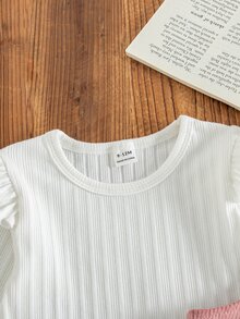 SHEIN Playful Pals 女嬰燈芯絨吊帶褲套裝，秋冬加厚保暖愛心刺繡吊帶褲 + 保暖刷毛針織內搭，2件套，新款可愛女嬰服飾 - 彩色 - 查看 5