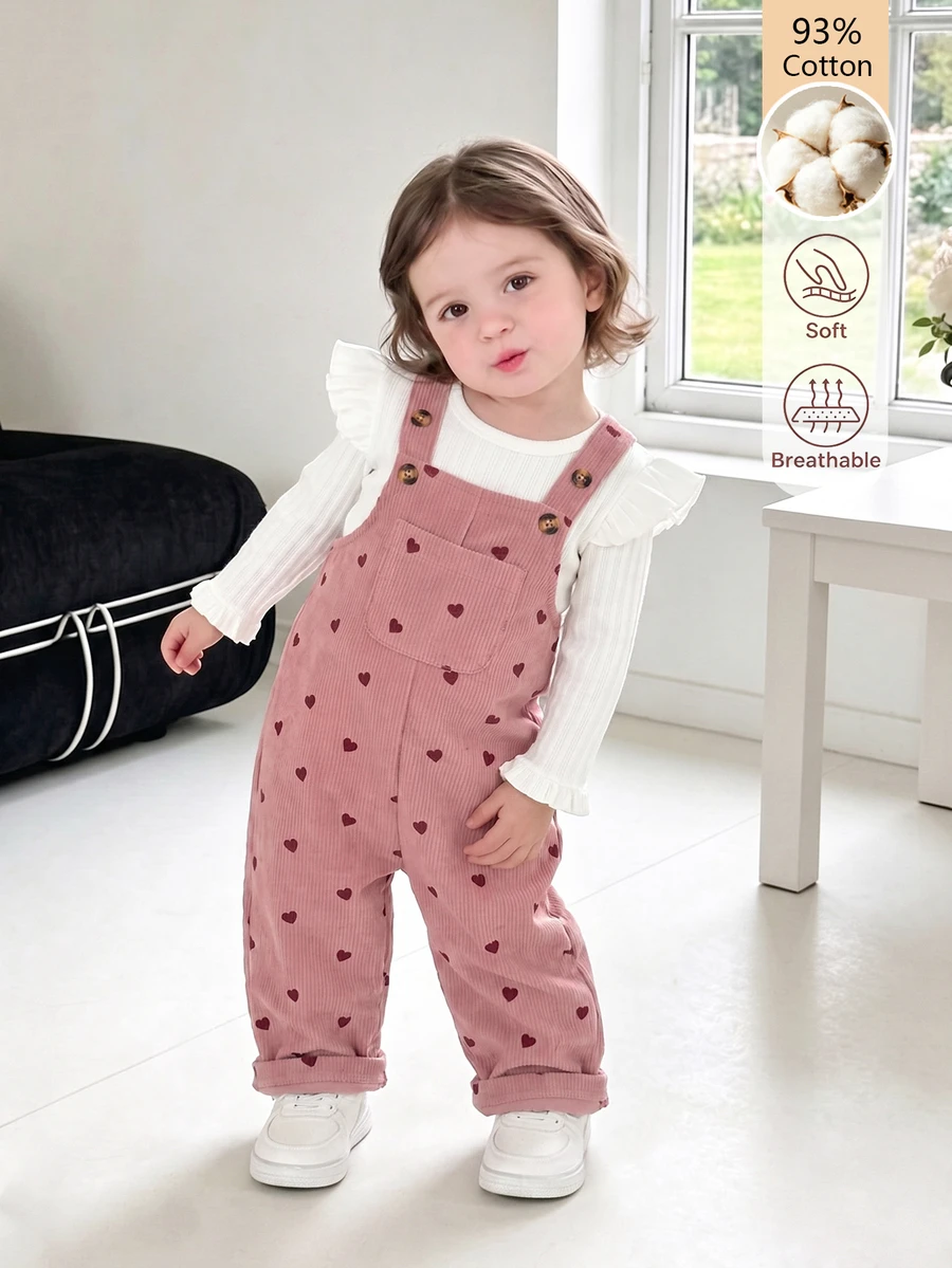 SHEIN Playful Pals 女嬰燈芯絨吊帶褲套裝,秋冬加厚保暖愛心刺繡吊帶褲 + 保暖刷毛針織內搭,2件套,新款可愛女嬰服飾 - 彩色 - 查看 1