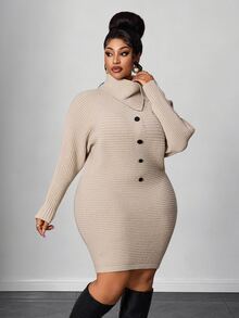 Maweii Plus Size Women's Knit Dress With Collar And Buttons, Fashion Slimming Dress - Khaki - View 4