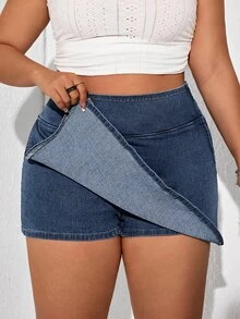 SHEIN EZwear Plus Size Women High Waist Asymmetrical Hem Casual Denim Skorts - Blue - View 5