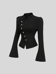 Sweetra Spring/Autumn New Polka Dot Asymmetric Placket Long Sleeve Jacket, Fashionable & Versatile, Suitable For Streetwear And Commuting - Black - View 1