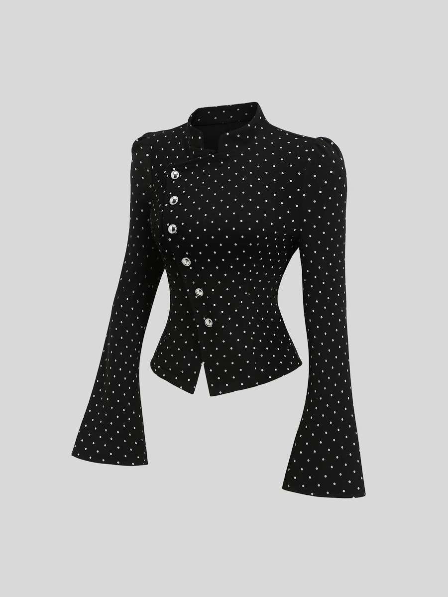 Sweetra Spring/Autumn New Polka Dot Asymmetric Placket Long Sleeve Jacket, Fashionable & Versatile, Suitable For Streetwear And Commuting - Black - View 1