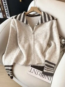 Sweetra Apricot Striped Sailor Collar Loose Casual Fashion Romantic Sweet Commute Dropped Shoulder Knit Zipper Cardigan For Women - Apricot - View 5