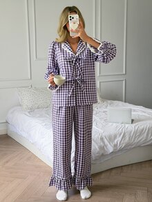 DAZY Women's Plaid Top And Pants Pajama Set Fall - Purple - View 4