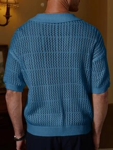 Manfinity Homme Men's Solid Color Short Sleeve Single-Breasted Hollow Knit Cardigan - Blue - View 2