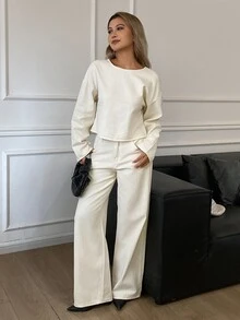Livesso Women's Elegant Long Sleeve Shirt And Button Pocket Denim Pants Set Fall - White - View 4