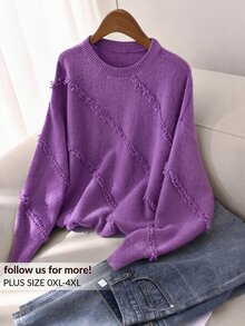 CosyJoli Women's Plus Size Round Neck Side Frayed Design Loose Casual Comfortable Pullover Sweater - Purple - View 12