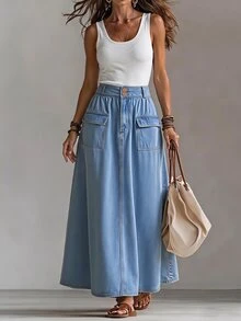 LUMIGAL Women's Fashion Streetwear Pocket Button Denim Skirt - Blue - View 1