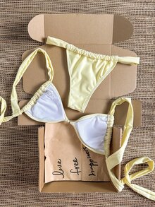 Swim Mod 春夏新款女款奶油黃金屬環飾露背綁帶高衩比基尼，適合海灘度假、派對、音樂節 - 彩色 - 查看 2