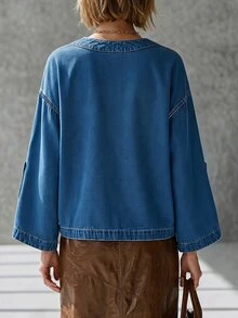 Women's Round Neck Casual Daily Denim Jacket - Blue - View 2
