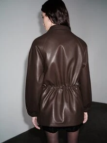 Anewsta Jaket Wanita Oversize Kulit Imitasi Serbaguna dengan Tali Serut di Pinggang, Leher Tinggi, dan Resleting. - Coklat - View 7