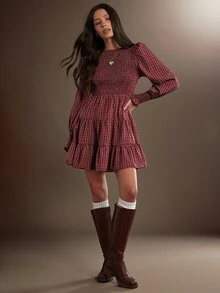 WESTFADE Gaun Mini Kotak-kotak Lengan Panjang Berkerut Bertingkat dengan Kerah Perahu dan Detail Smock, Musim Gugur/Musim Dingin 2026, Gaya Barat, Pakaian Koboi Wanita, Rodeo, Tampilan Wanita Pedesaan, Musim Gugur - MultiWarna - View 5