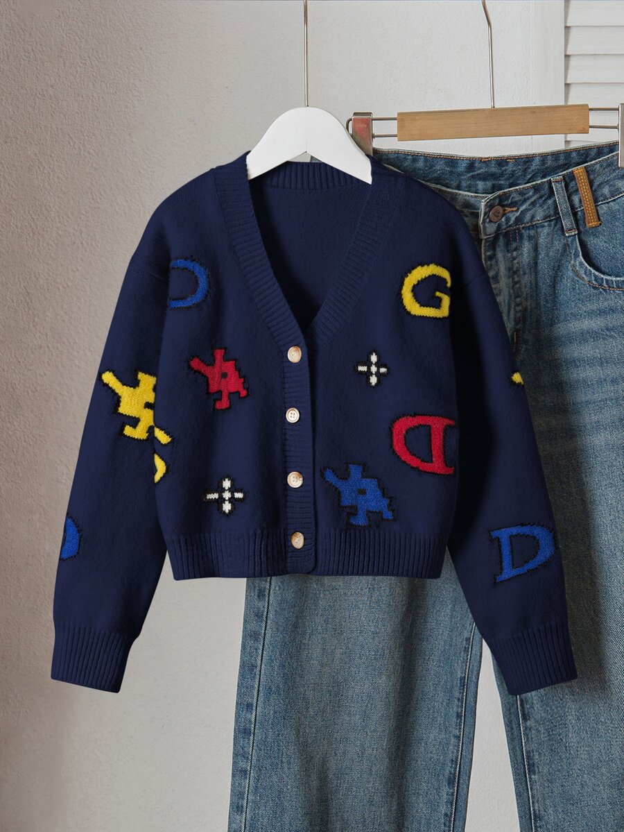 SHEIN Girls' Jacquard Cardigan Sweater, V-Neck Button Contrast Color Long Sleeve, Apricot Cartoon Face & Letter Jacquard Pattern, Street Style Casual Loose Knit Jacket - Navy Blue - View 1