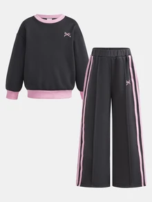 女童休閒百搭灰粉拼接運動衫套裝 2件組 加厚款 秋冬新款蝴蝶結印花 - 灰色 - 查看 10