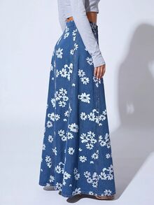 SHEIN SXY 女款花卉印花鈕扣前襟休閒牛仔裙 - 中等水洗藍 - 查看 4