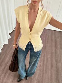 Siren Gaze Women's French Lace Patchwork Button Knit Top - Yellow - View 6